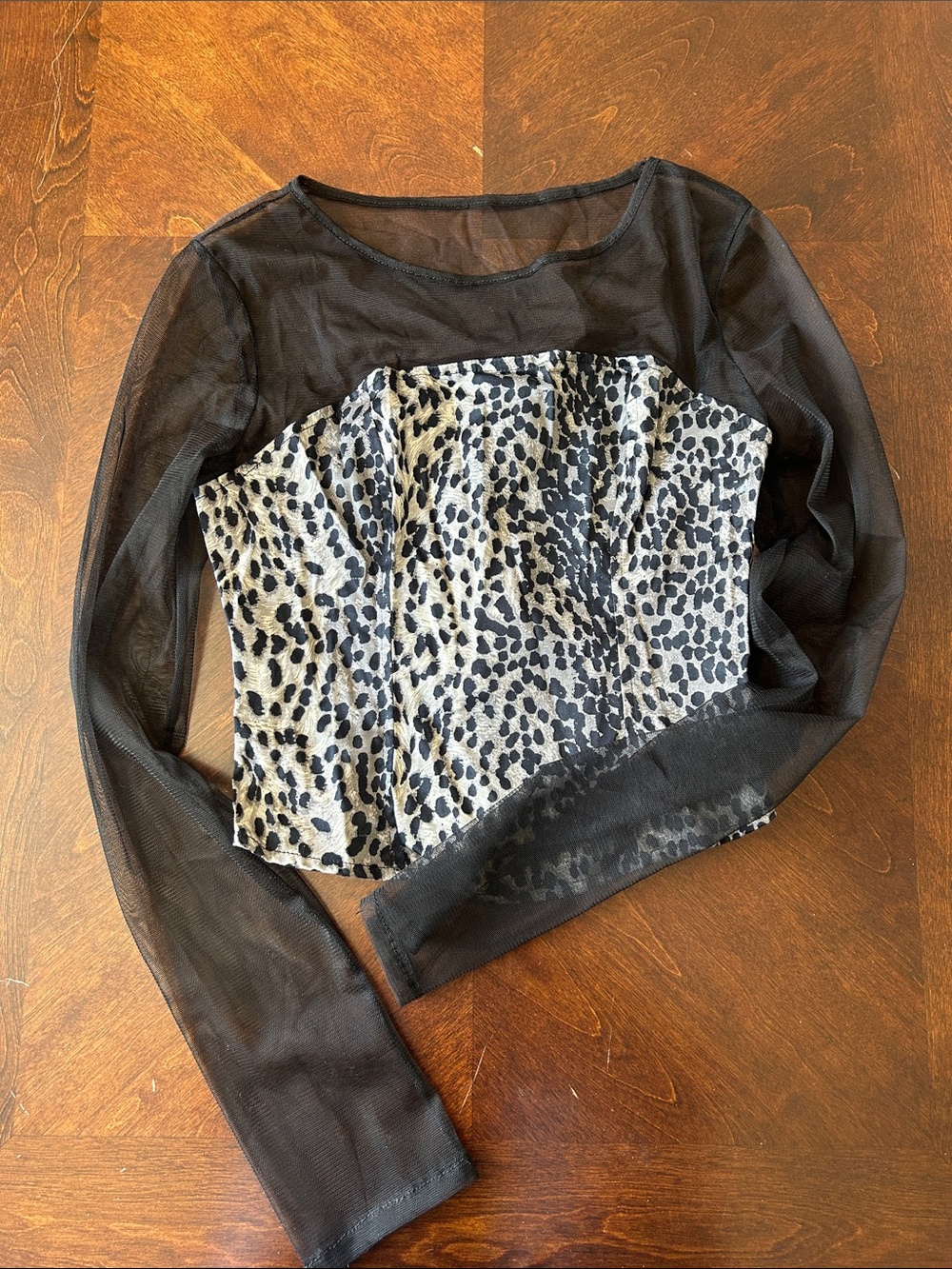 Charlotte Russe Black Mesh Long-Sleeve Crop with Gray Leopard Bustier